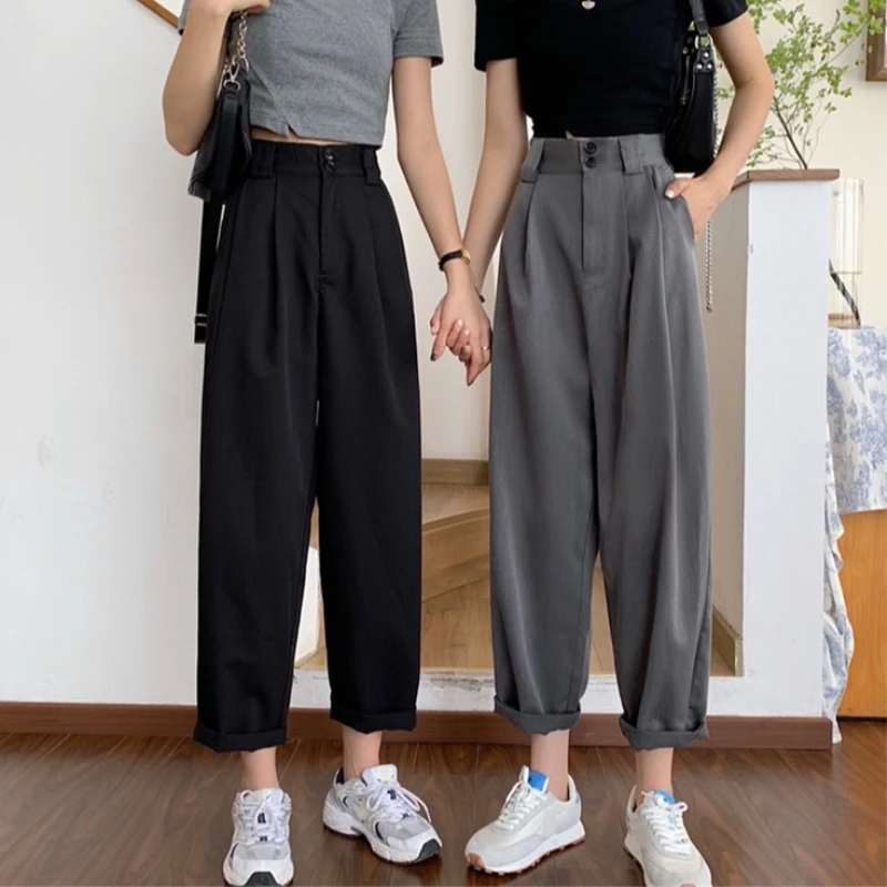 Pantalón negro holgado para mujer, pantalones sueltos de cintura alta, pierna moda coreana, 2020 _ - AliExpress Mobile