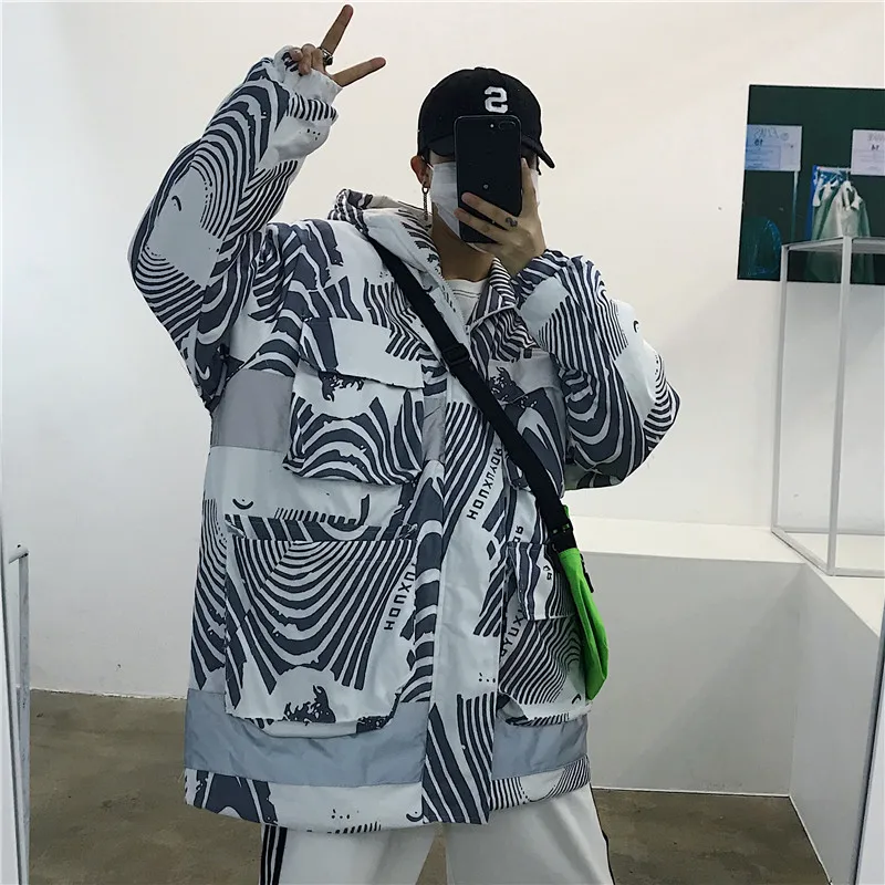 Зимняя Толстая Мужская куртка, теплая парка, Мужская модная куртка с принтом и несколькими карманами, Мужская Уличная одежда, свободные куртки в стиле хип-хоп, мужская одежда - Цвет: graph coloring