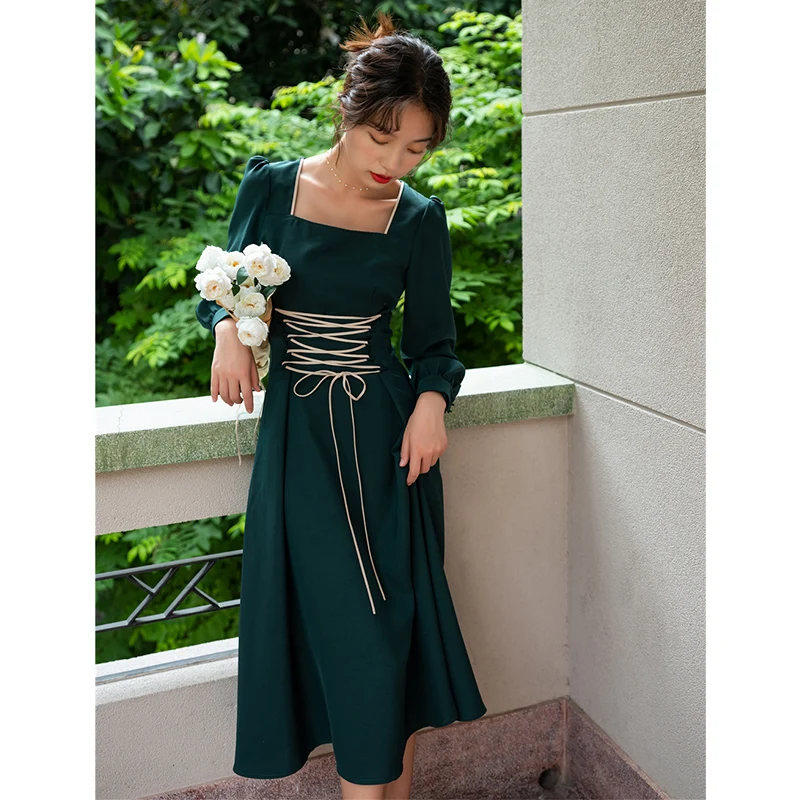Anglo-American make small video party led show thin clavicle accept waist autumn long-sleeved dress French wind restoring ancien