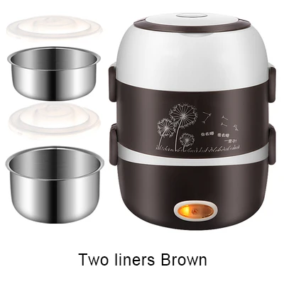 Brown two layers DMWD портативный Электрический нагревательный Ланч-бокс Мини рисоварка из нержавеющей стали 3 слоя пищевой Пароварка для пикника контейнер для еды грелка ЕС - Цвет: Brown two layers