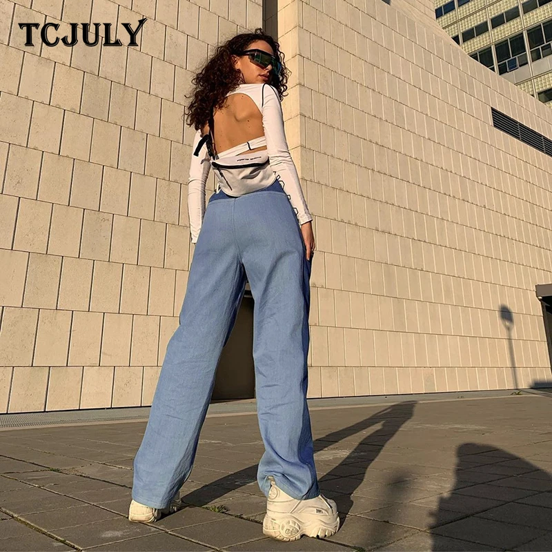 TCJULY, осень, модные контрастные прямые джинсы для женщин, с боковой вставкой, с высокой талией, джинсовые штаны, уличная одежда, джинсы стираного синего цвета