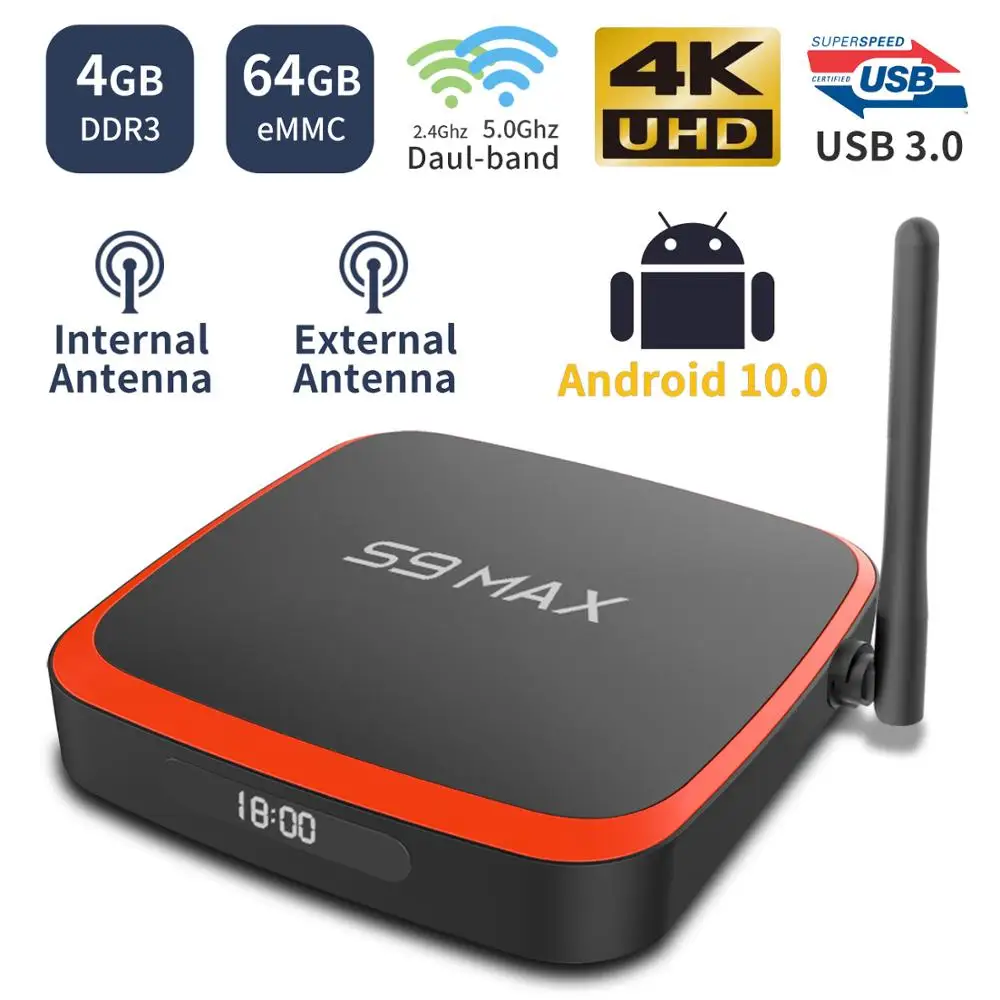S9 Max Android 10 Smart TV Box RK3318 Quad Core 2.4G/5GHz Dual Wifi Antenna 4GB 64GB Google Play 4K Media Player Set Top Box