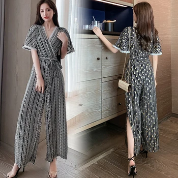

Elegante Dames Jumpsuit 2020 Summer Korean Rompers Party Looses Stripe Slit Wide Leg Pants Full Jumpsuits For Women Lace V Neck