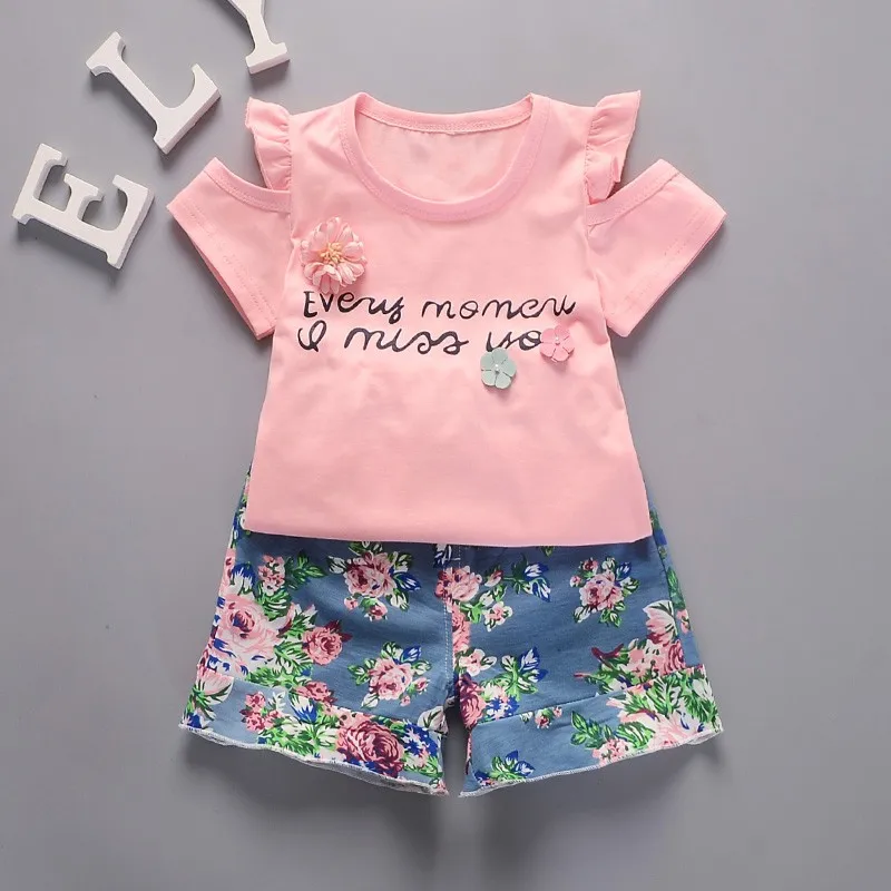 

0-4T Summer Baby Girls Clothes Set Baby Boy Clothes Set Letter Print Strapless Short Sleeve T-shirt Tops + Shorts Clothes Set