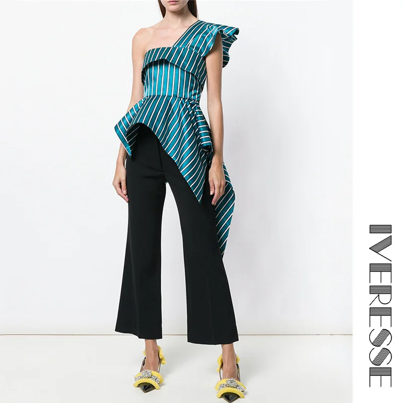 

IVRESSE Striped Shirt Off Shoulder Irregular Patchwork Ruffles Backless Tunic High Waist Blouse Autumn 2019 Tops Clothing