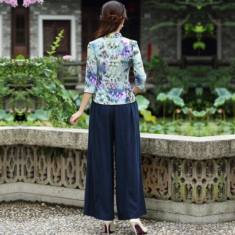 Woman Plus Size Chinese Style Shirts Top Folk Seven-Sleeve Improvement Cheongsam Qipao Tops Cotton Ink Painting Vintage Clothing
