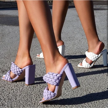 

2020 Summer New Women's Sandals Fashion Super High Heels Handwoven Woman Slippers Solid Color Square Heels Plus Size Shoes 35-42