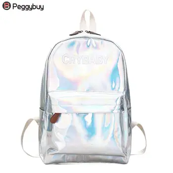 

Female Holographic Backpack Women Soft Laser PU Leather Travel Backpacks Silver Hologram School Bags For Teenager Girls
