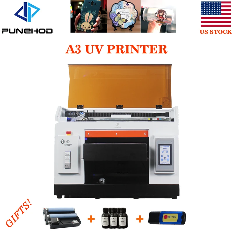 

punehod uv inkjet printer a3 automatic flatbed printer for epson r1390 printhead cmyk+ww with free cylinder tray us stock