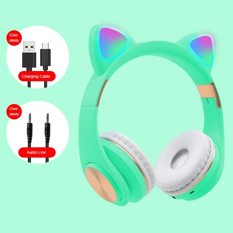 Bluetooth Headphones Cat Ear LED Light Up Wireless Foldable Headphones over Ear for Smartphones Laptop PC TV