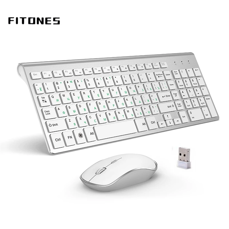 Teclado y ratón inalámbricos versión rusa, 2,4g, ergonomía, tamaño completo portátil, interfaz USB, blanco plateado de moda de alta gama
