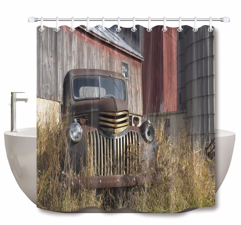 

Vintage Retro Car In The Grass Behind The House Shower Curtains Bathroom Curtain Waterproof Polyester Fabric for Bathtub Decor