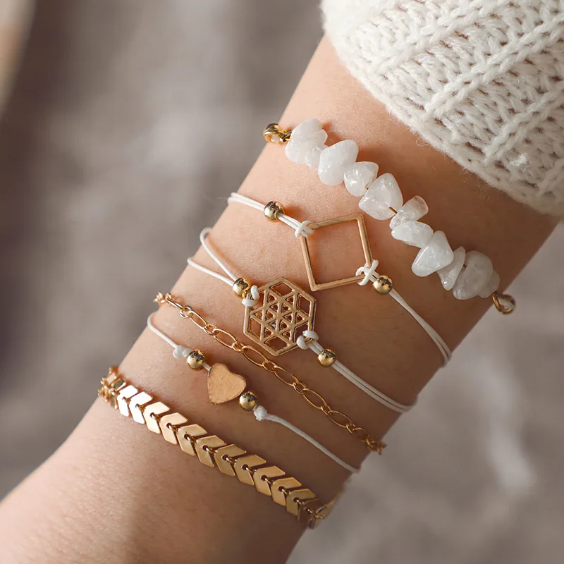

Bohemian charm Arrow Heart White Stone Bracelet Women gold Sequi heart Rope Chain Bangles Bracelets Sets Jewelry Party Gifts
