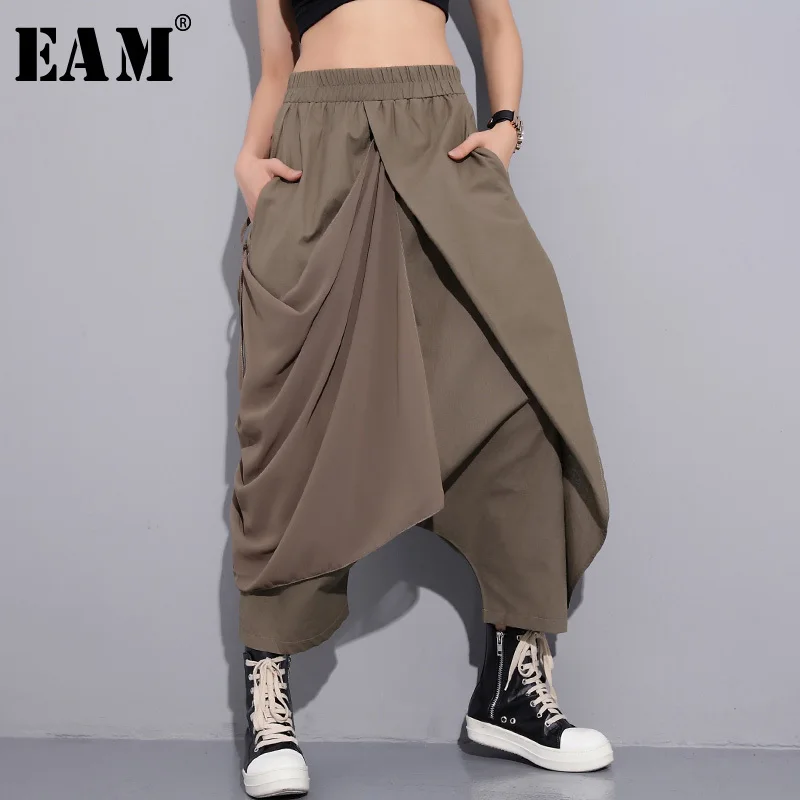 Long-Cross-Pants Stitch Women Trousers Waist Black High-Elastic Fashion EAM Bandage Spring