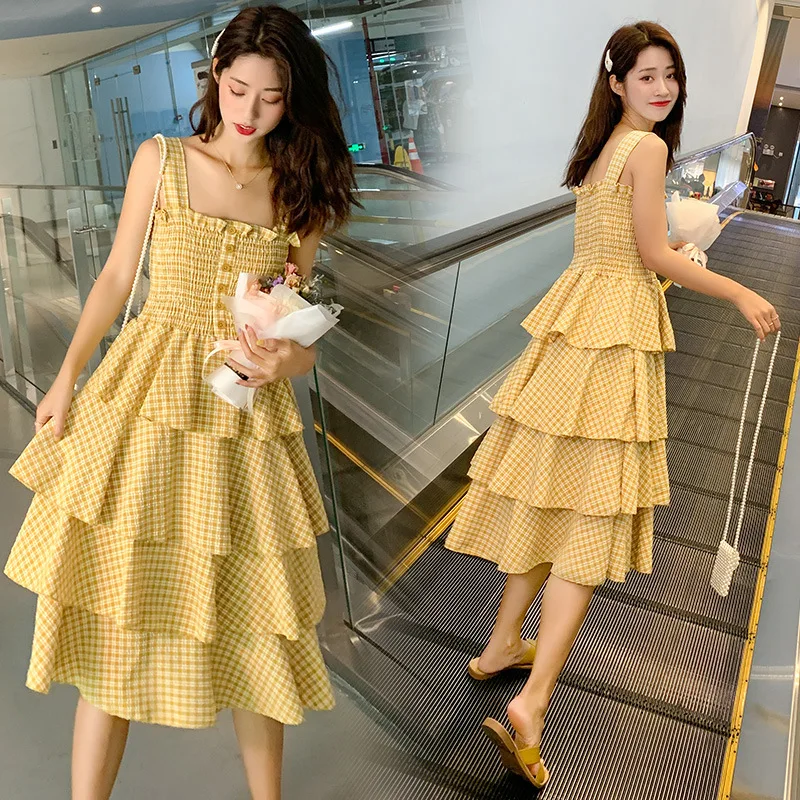

Dress Women's 2019 Summer Mid-length Skirt Women's Summer/Cake Elegant Elegant Camisole Button Pattern One Piece