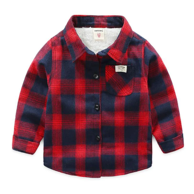 Одежда для маленьких мальчиков От 1 до 7 лет детская утепленная Вельветовая рубашка зимняя теплая куртка для малышей клетчатые блузки из чистого хлопка с отложным воротником