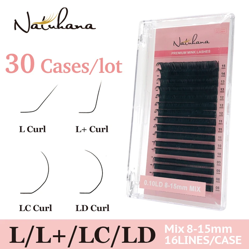 

NATUHANA 30Cases/lot 8~15mm Mixed L/L+/LC/LD/Curl Matt Black Eyelash Extension PBT Mink LC False Eyelashes L Shaped lashes