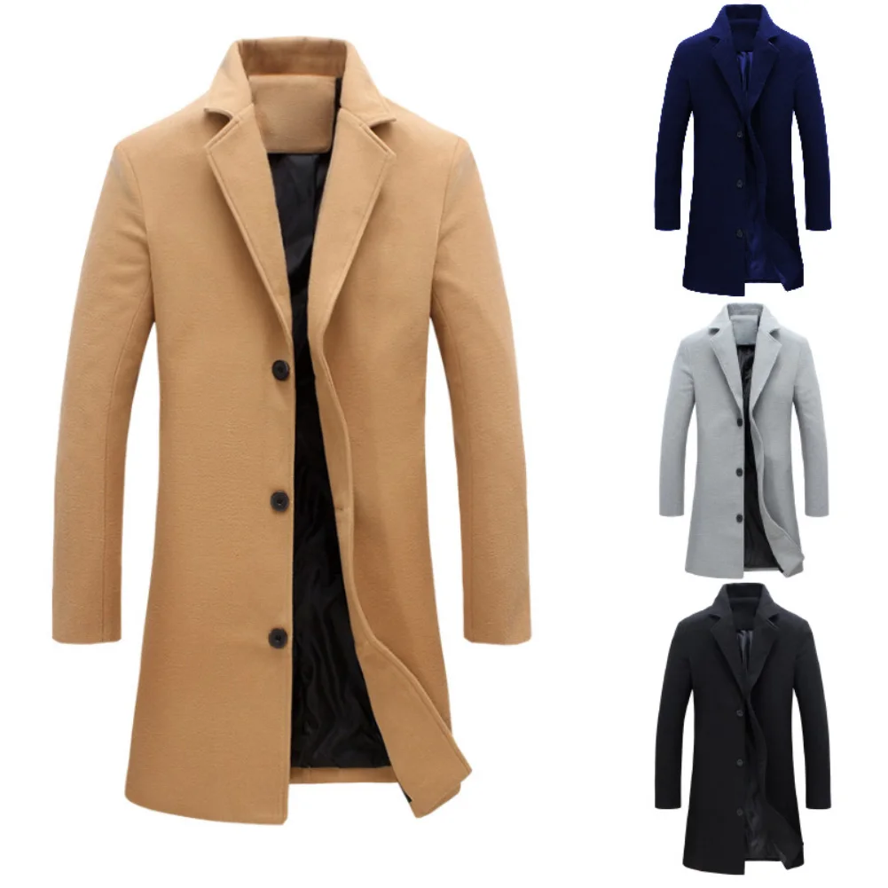 Утолщенные мужские пальто и куртки, зимние теплые однотонные шерстяные тренчи, тонкое длинное пальто, верхняя одежда, мужские пальто, куртки