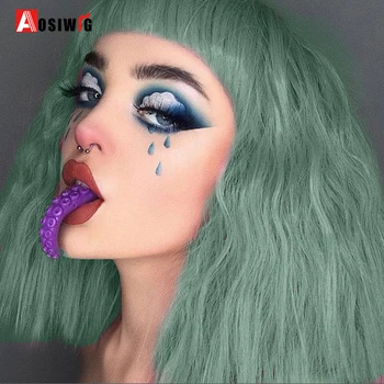 

AOSI Long Green Kinky Curly Wig Bangs Synthetic False Hair Daily Cosplay Wigs for African American Women Cosplay Halloween Girl