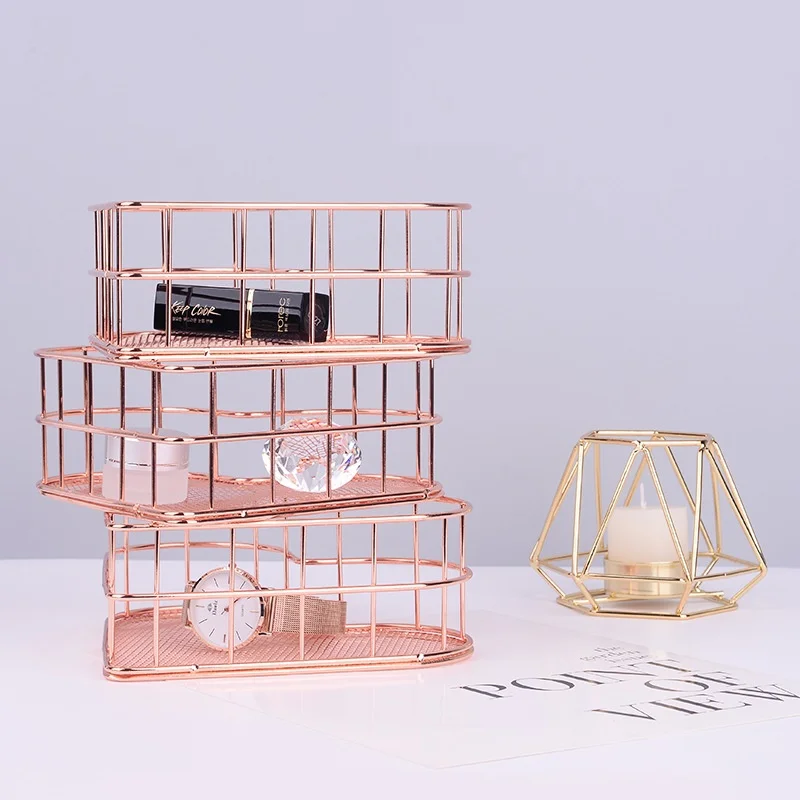 

Rose Gold Wrought Iron Net Bottom Storage Basket Pen Holder Storage Finishing Stationery Basket Cosmetics Organizer Decoration