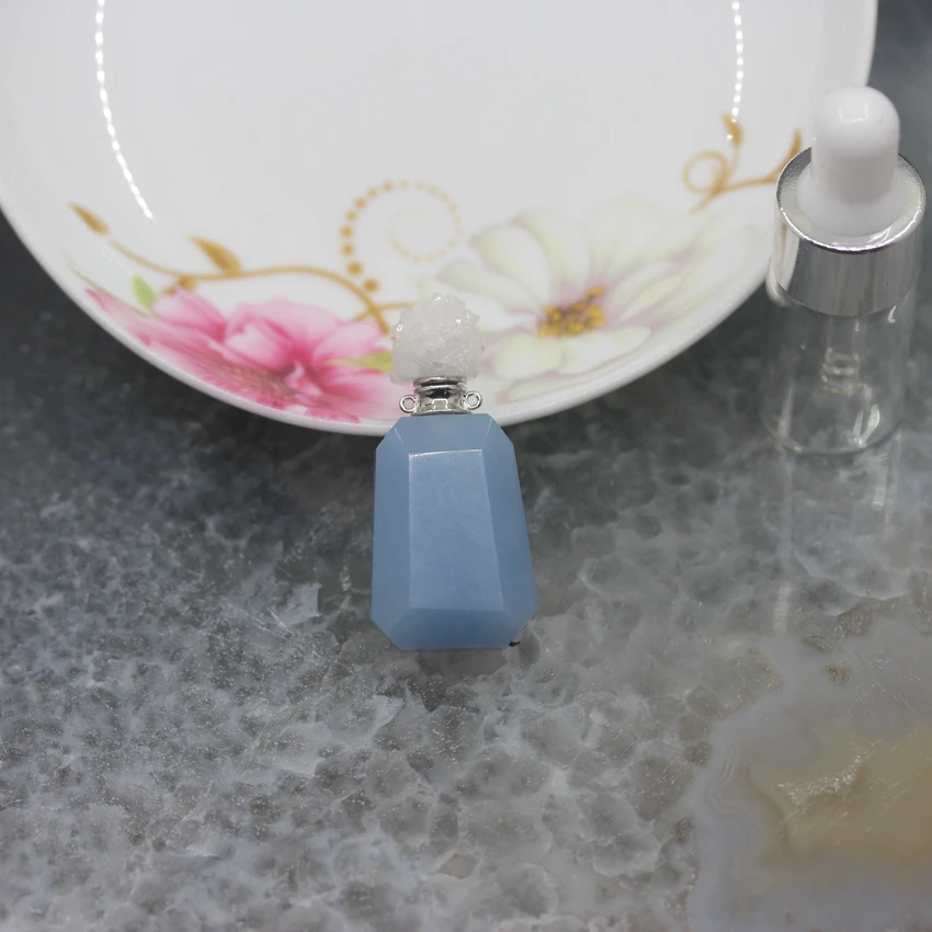 Natural Aquamarines/Amethysts/Turquoises Perfume Bottle Pendants,Plated Silver Essential Oil Diffuser Necklace Charms Jewelry - Окраска металла: Aquamarine