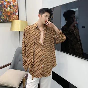 

Stage Clothes Men Long Sleeve Loose Casual Plaid Shirts Japan Korea Style Male Bow Tie Ribbon Vintage Print Dress Shirts