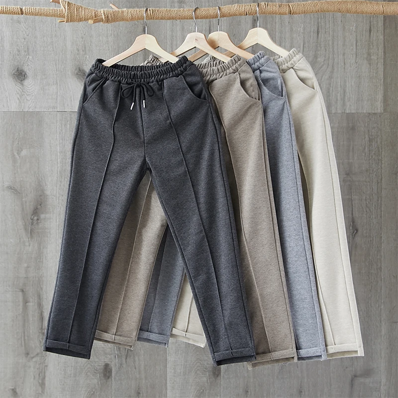 

Woman Pants 2019 White Woolen Harem Pants Thickening Elastic Waist Drawstring Ankle-Length Pants Korean Style Official Pants