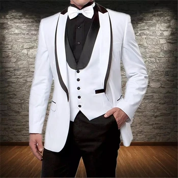 

New Arrival Men Suits Shawl Lapel Best Man White And Black Groom Tuxedos Wedding Groomsman 3 Pieces ( Jacket+Pants+Vest )