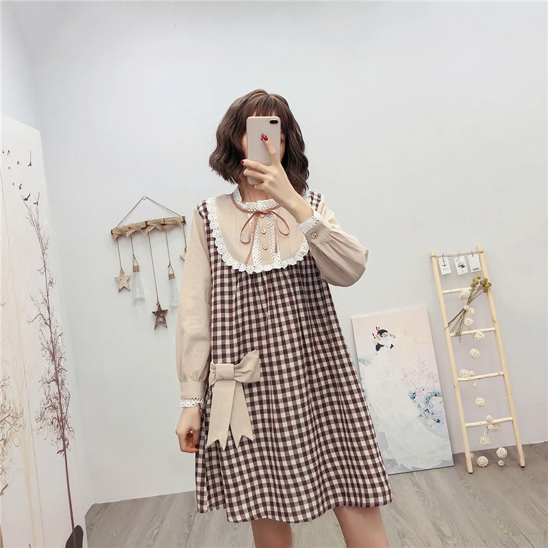Red plaid Японское осеннее милое платье в стиле Лолиты kawaii, платье для девочек-подростков в стиле Лолиты из двух предметов, клетчатое платье принцессы с длинными рукавами свободное платье для студентов - Цвет: Red plaid