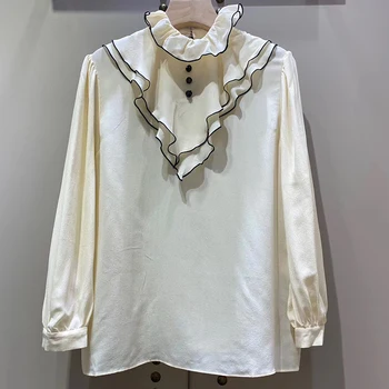 

Women 2020 Fashion Collar Blouses Vintage Puff Sleeve Button-up Female Shirts Chic Tops