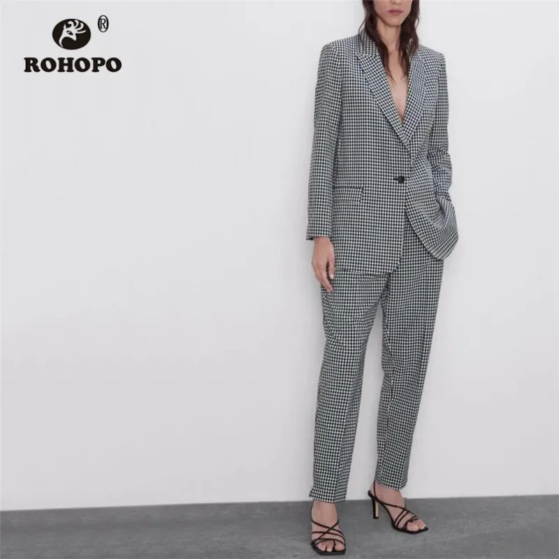 

ROHOPO Black White Plaid Autumn Pencil Dress Pant British Academy Vintage Chic Female Full Length Trousers # 1436