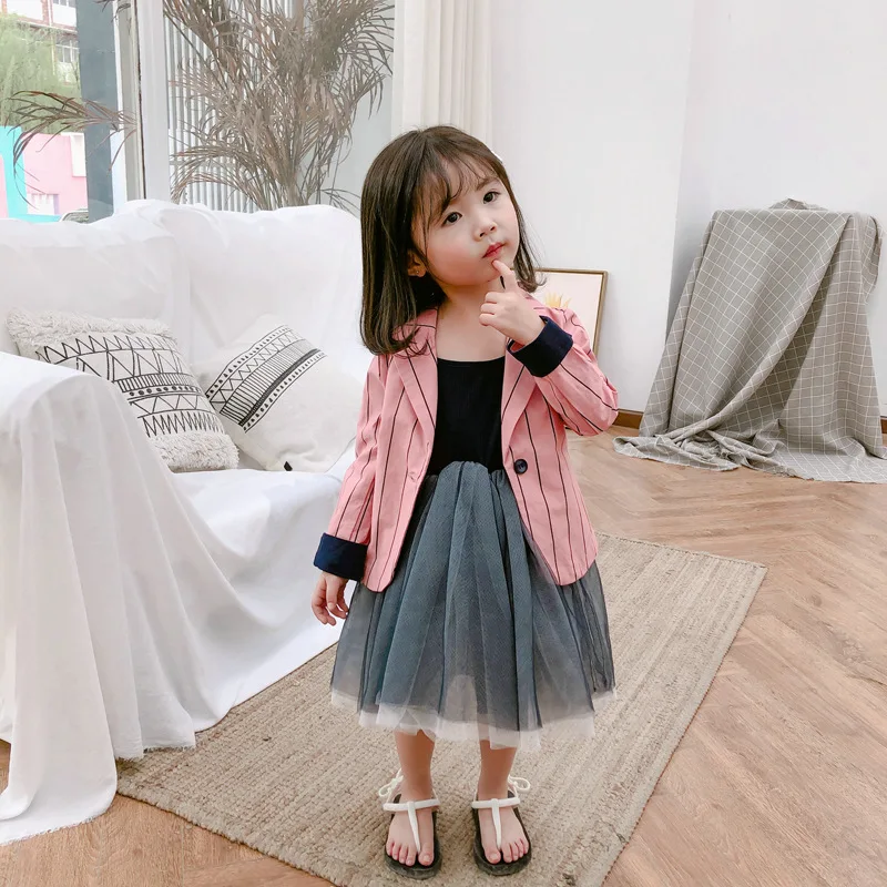 

New autumn Korean style cute children clothing simple wind pink strip long-sleeved suit blazer for girls