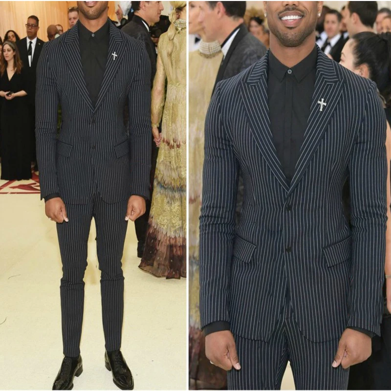 

Black White Stripe Men Suits Slim Fit Business Groom Wear Tuxedos Male Fashion 2 Piece 2 Pieces Blazer with Pants Latest Style