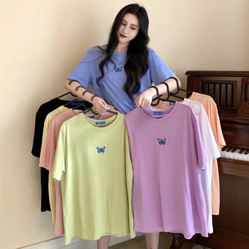 

8 colors summer korean style 2020 butterfly embroidery short sleeve loose t-shirts womens tee shirt femme women tops (C2355)
