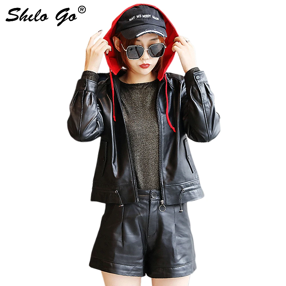 Genuine Leather Jacket Highstreet Drawstring Red Hooded Baseball Jacket Coats Women Autumn Casual Black Solid Zip Outwear Coats