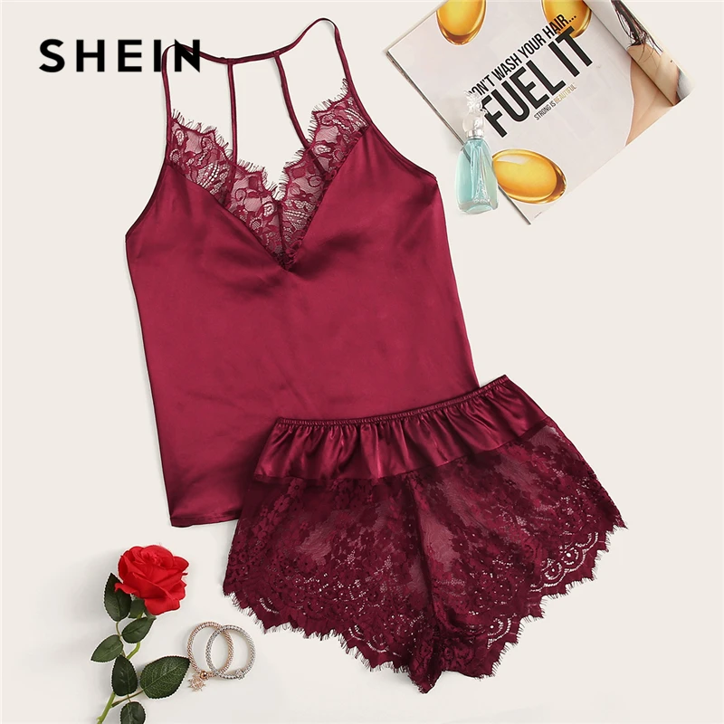 SHEIN Атласный Топ На Бретелях С Кружевом И Шорты Пижама Комплект Женский Розовый
