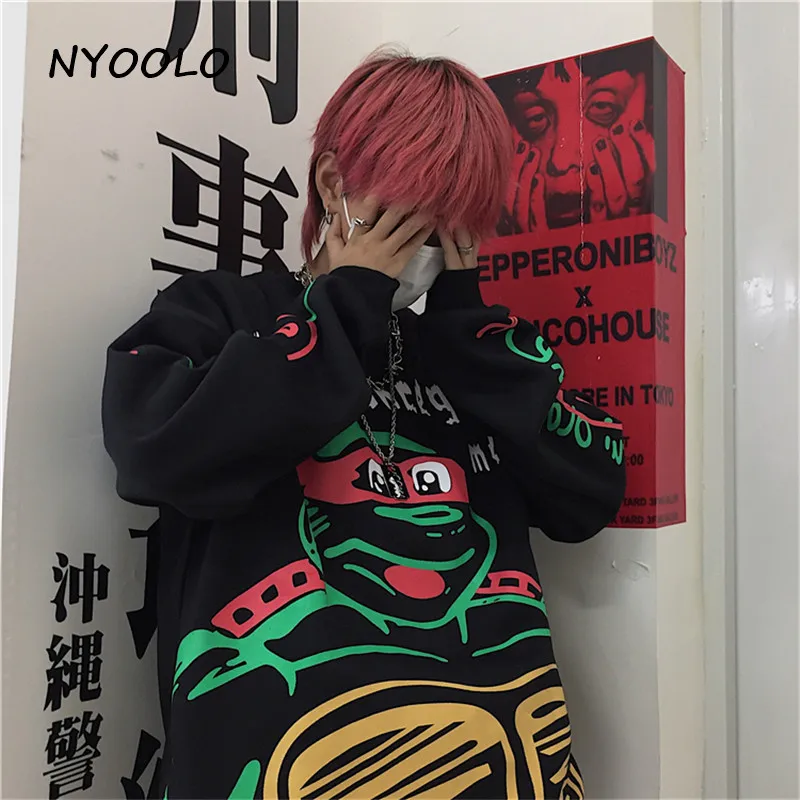 NYOOLO Harajuku мультфильм ниндзя с буквенным принтом теплые толстовки осенне-зимняя уличная мода плюс бархатные Пуловеры Толстовка для женщин и мужчин Топ