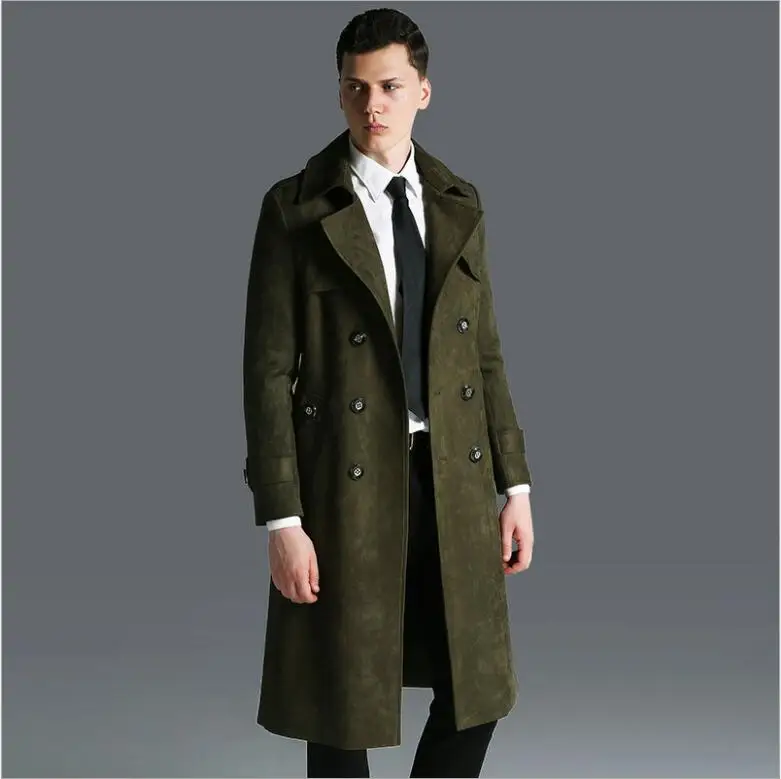 

Europe Fashion Army green gray Black Overcoat Deer suede Trench coat men 2019 new super long windbreaker spring autumn Clothing