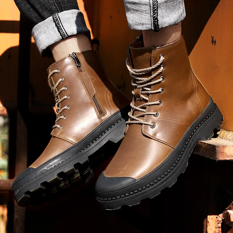 

Brand Leather Quality Slip Ons Motorcycle Man Warm Boots Outdoor Waterproof Non-slip Hiking Shoes Travel Shoes 2019 New