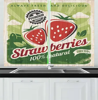 

Strawberry Kitchen Curtains Farmers Market Poster Design with Grunge Worn Out Effect Window Curtain for Kitchen Cafe Decor 55