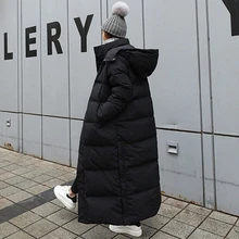 Parka Coat Extra Long Winter Jacket Women Hooded Pocket Zipper Female Lady Windbreaker Overcoat Casual Outwear Clothing Quilted