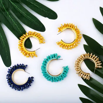 

Bohemian Tassel Beaded Dangle Earrings C Shape Crystal Beads Hoop Earrings for Women Handmade Statement Jewelry oorbellen