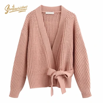 

Sheflourishes Chalk Pink Womens Cropped Knit Cardigan with Belt long sleeve open stitch Winter Sweater zoravicky Knits Outerwear