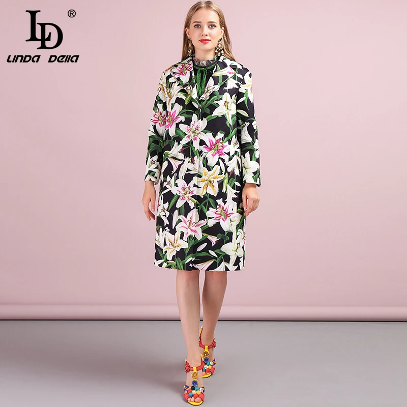 LD LINDA DELLA Autumn Winter Outwear Women's Coats Long Sleeve Floral Printed Button Beading Elegant Vintage Ladies Overcoat