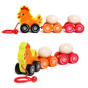 

Children Wood Educational Animal Hen and Eggs Drag Small Car Baby Toddler Hand Trailer Toy 1-3-Year-Old