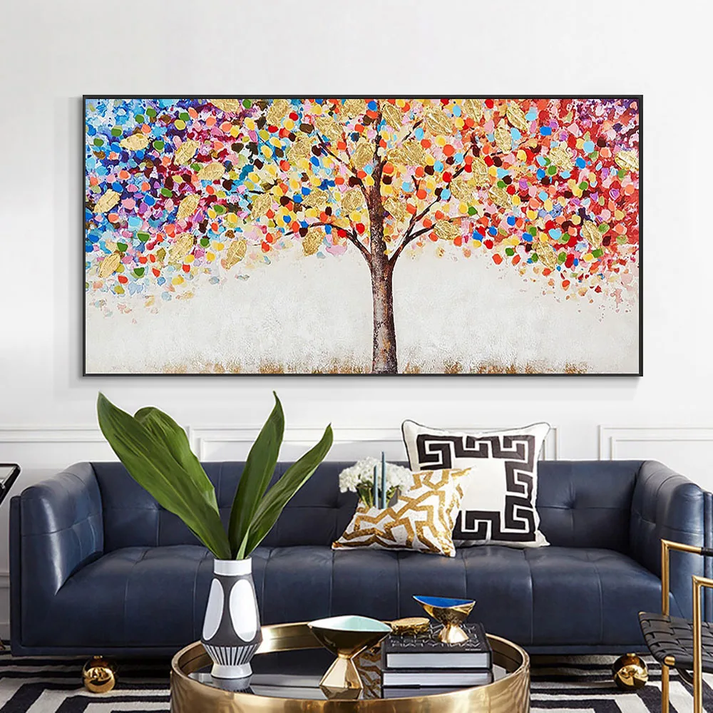 

Nordic Home Deco Wall Art Hand-Painted Oil Painting Colorful Life Wealth Tree Golden Spots Canvas Paintings Decor Living Room