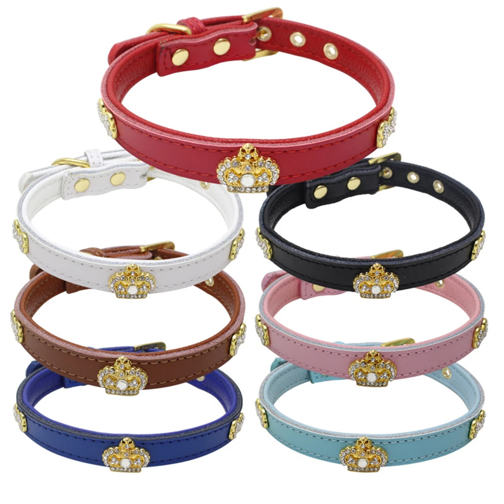 

Rhinestones Crown Dog Collar Genuine Leather Material Adjustable Necklace Pet Dog Cat Collars with 7colors XS S