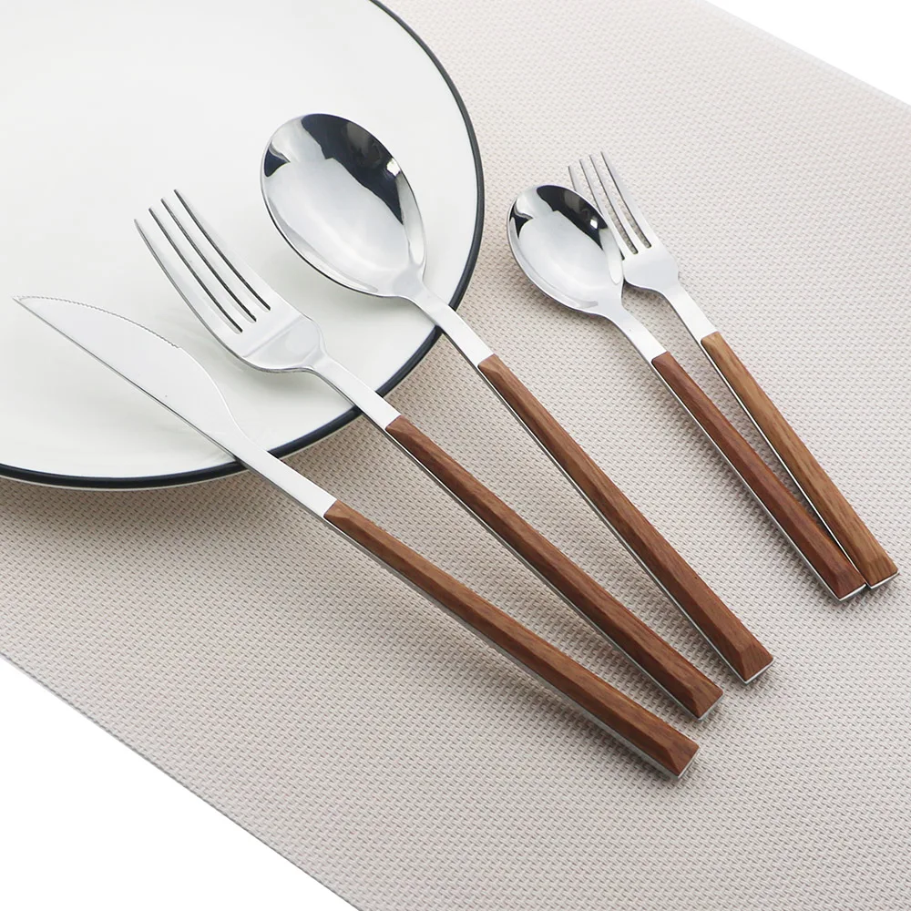 4Pcs/5Pcs Wooden Handle Cutlery Set Stainless Steel Knife Fork Dinnerware Set Coffee Tea Spoon Kitchen Silverware Tableware Set