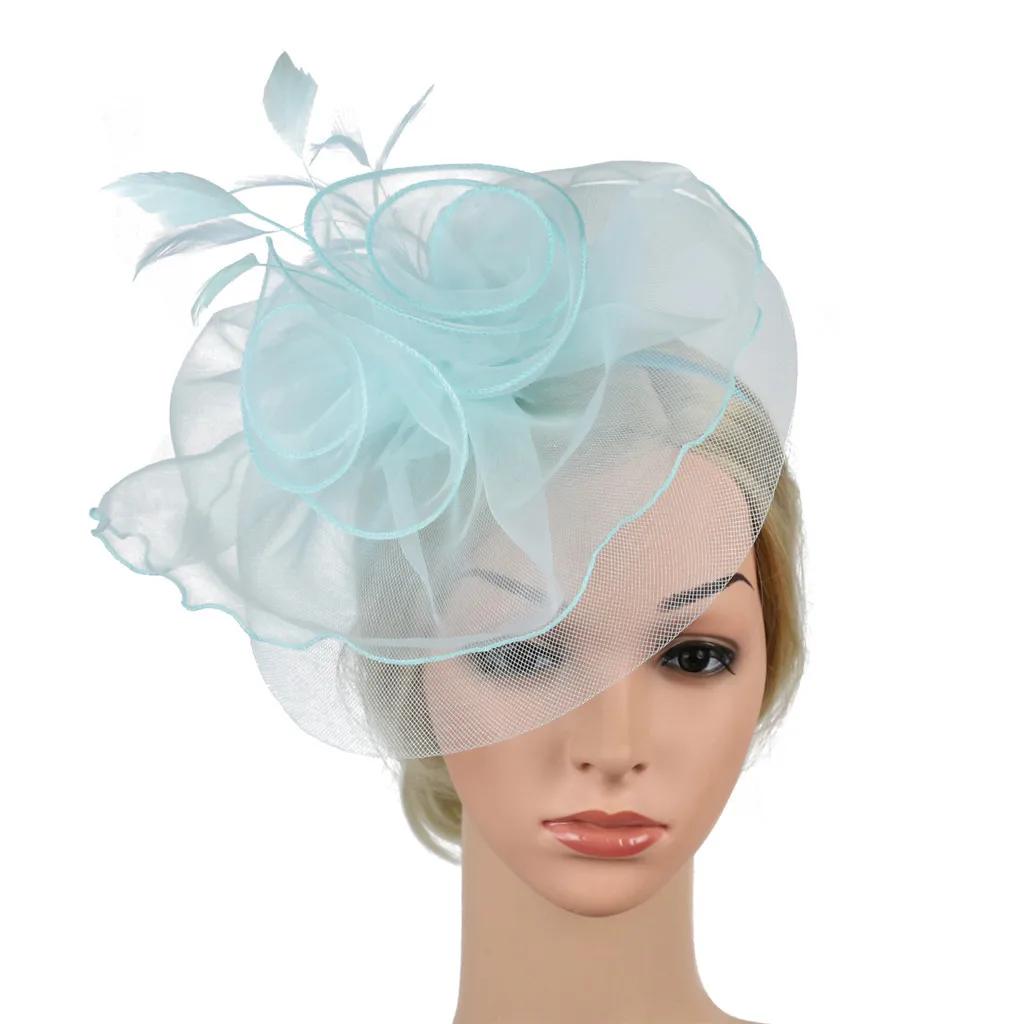 Свадебный марлевый головной убор, женская элегантная шляпа, ремень, цветок, перо, вечерние, шляпа, заколка для волос, повязка на голову, свадебные аксессуары для волос - Цвет: Синий
