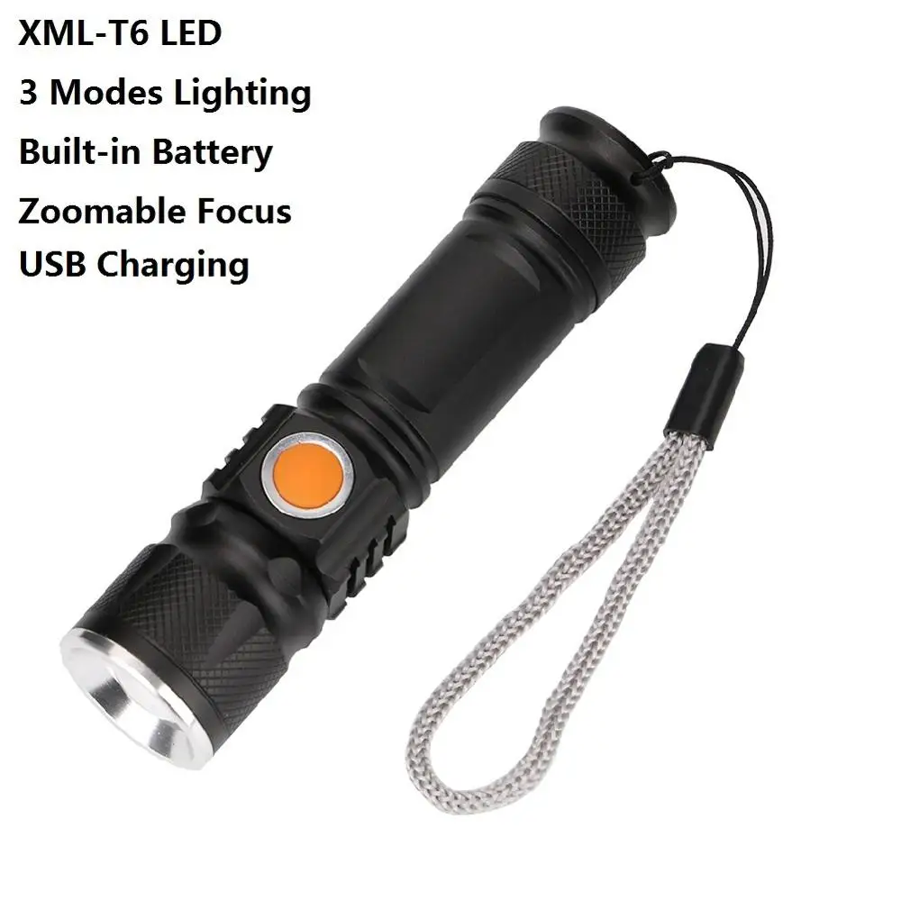 Black Яркий 3 режима XML T6 3800LM встроенный 18650 USB Перезаряжаемый светильник-вспышка портативный фонарь Водонепроницаемый фонарь масштабируемый светильник-вспышка - Испускаемый цвет: Black